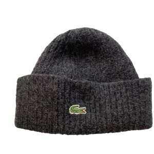 Lacoste Mens Charcoal Grey Pure New Wool Beanie Hat Made in Spain Logo Ribbed